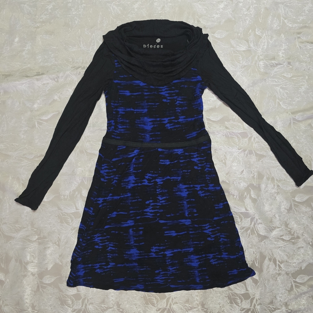Kensie Women XS Long Sleeve Cowl Neck Fit Flare Dress Blue Black Elegant Classy